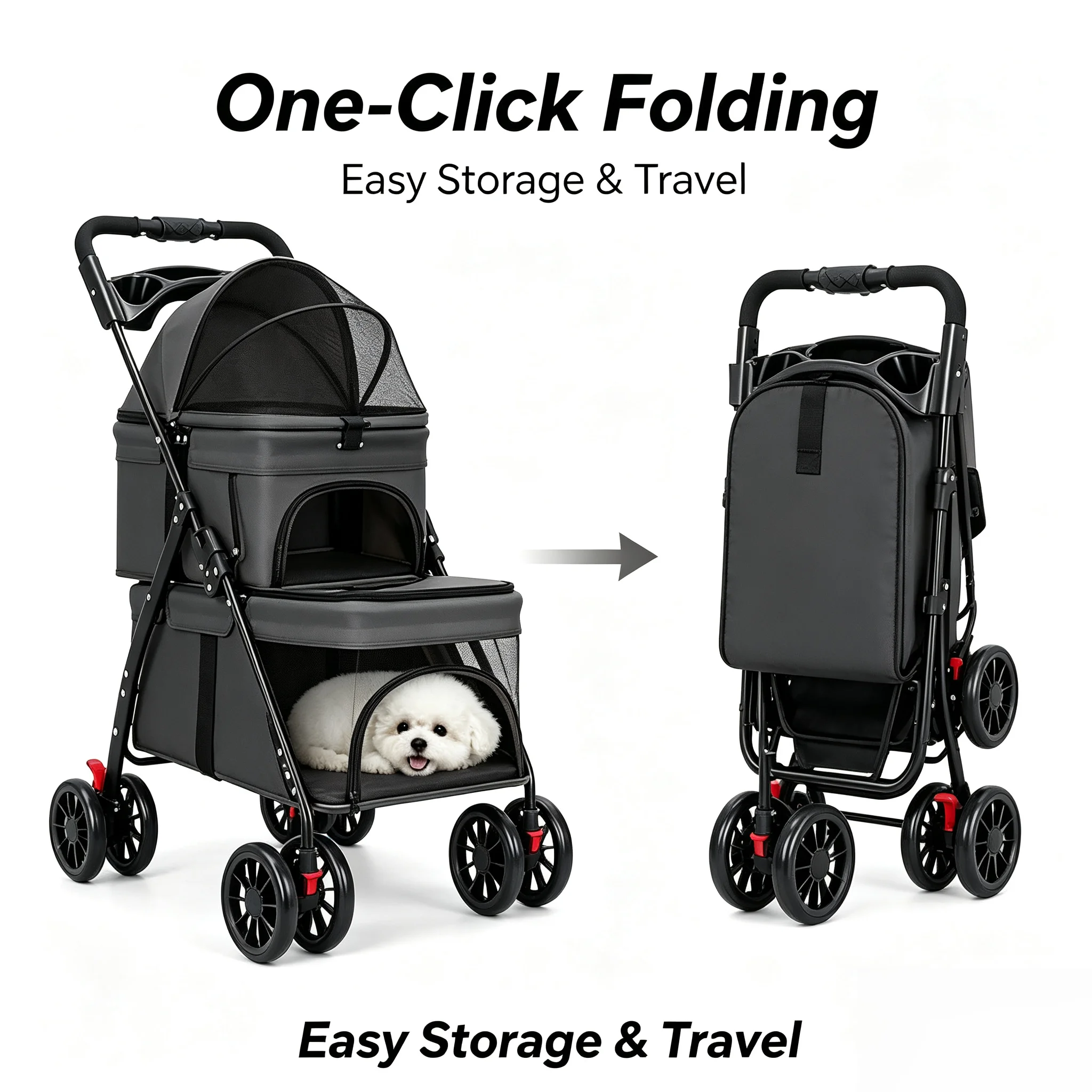 Double Layer Pet Travel Stroller One‑Click Folding 4‑Wheel Breathable Mesh Wagon for Two Kittens Puppies Outdoor Use