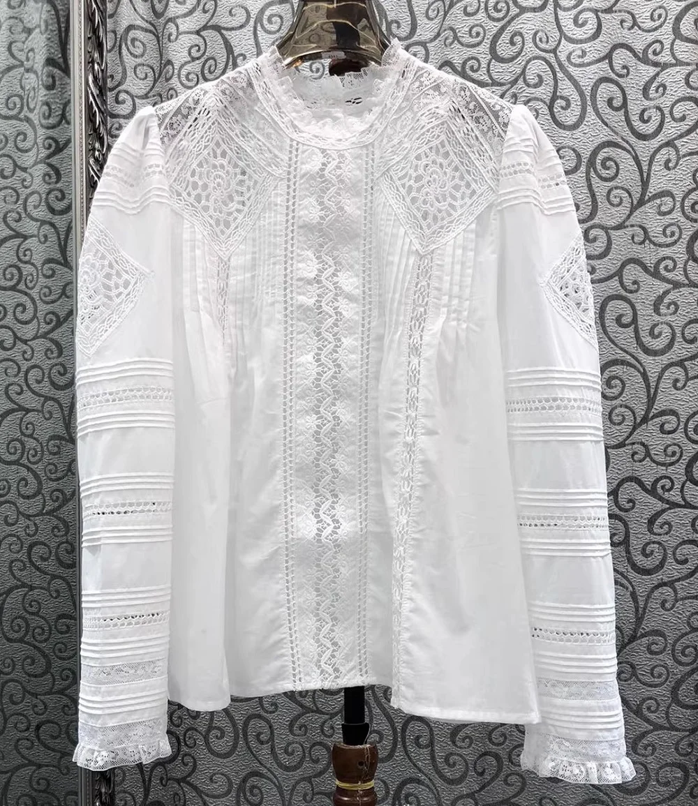 

100%Cotton Shirts 2026 Summer Fashion Style Blouses Women Hollow Out Lace Embroidery Long Sleeve Elegant White Shirts Female