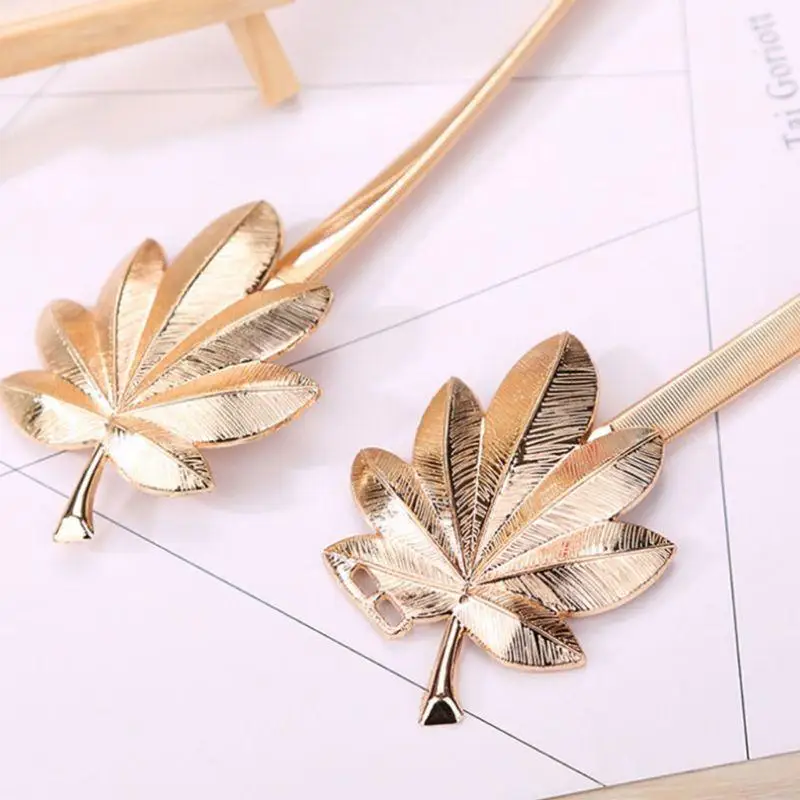 M6CC Women Bridal Skinny Waistband Maple Leaf Metal Buckle Glitter Solid Color