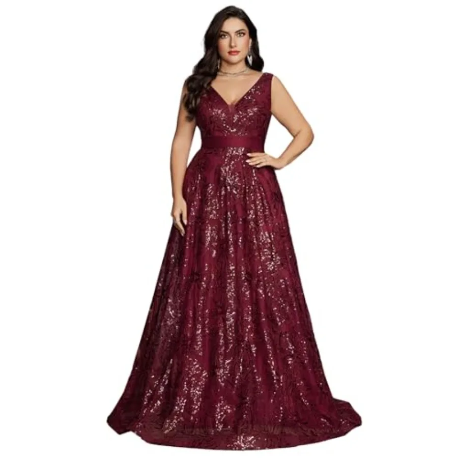 Plus Size Formal Dresses for Women with Embroidery Sequin and V-Neck, A-Line Maxi Dress for Wedding and Cocktail