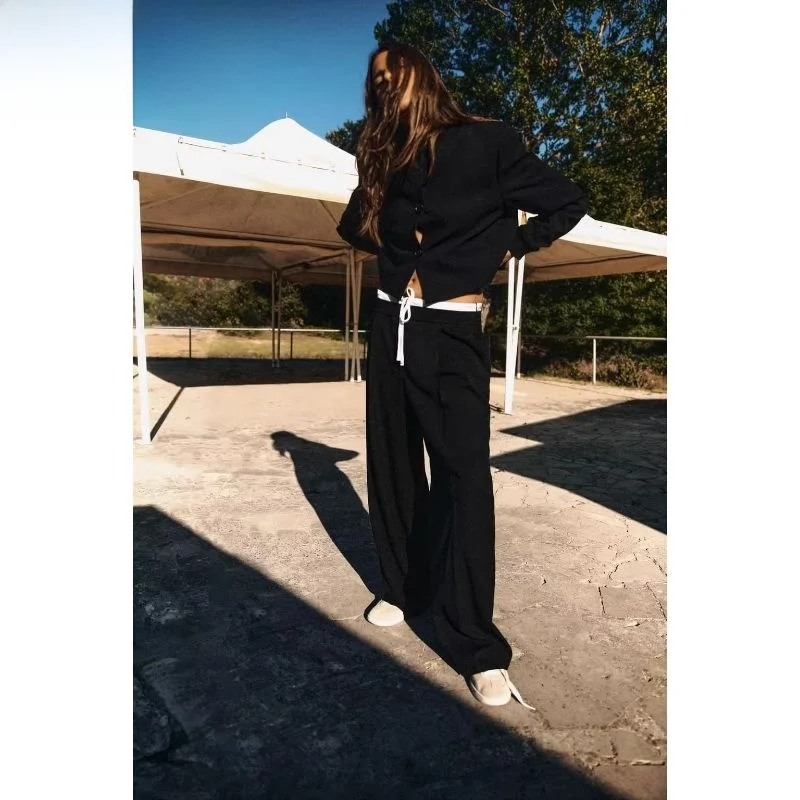 

Spring 2024 New Women's Bla Splice Design Double Layer Wide Leg Straight Pants High Waist Commute Sle Regular Thin