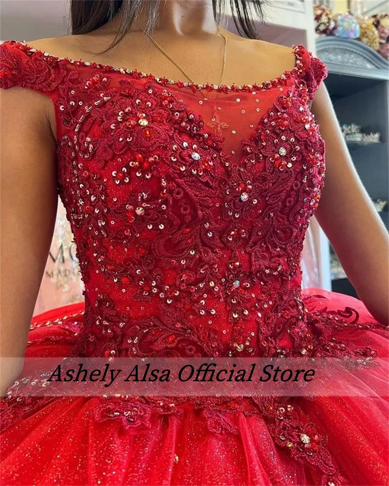 Aschely alsa neue rote Quince anera Kleider mit Schleife Spitze Applikationen Perlen Ballkleid vestido15 süße 16 Prom Party Kleider de 15 años