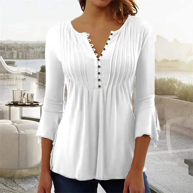 2024 New Hot Popular Summer Spring Women's Pull Fold Button V-Neck Fashion Sexy T-Shirt Daily Wear Clothes Party Office T-shirts