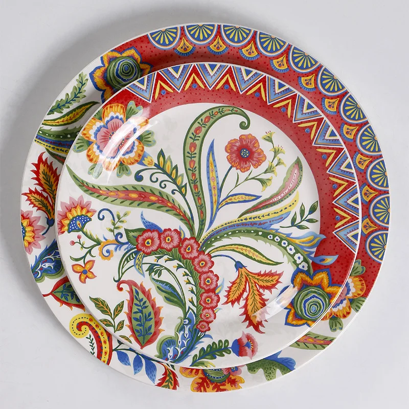 Middle Eastern Floral Ceramic Dinner Plate,Bohemian Style Plate, High-End Steak Plate for Restaurant Home,Personalized Tableware