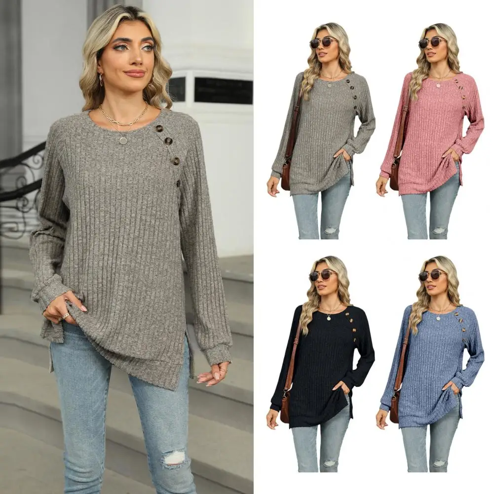 

Women Casual T-shirt Stylish Women's Long Sleeve Tee with Button Details Side Slits Casual Round Neck Ribbed for Everyday for A