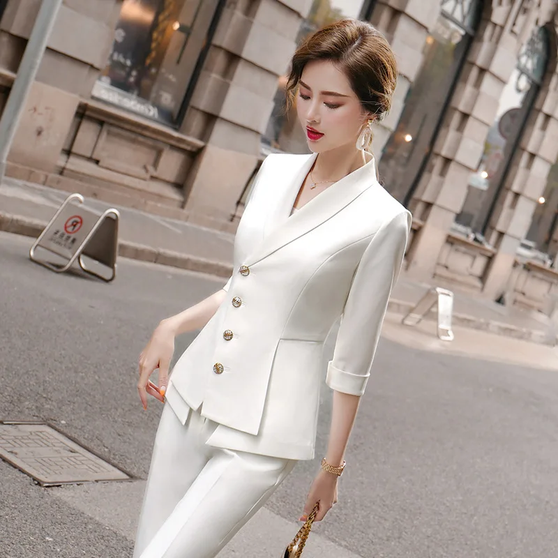 High Quality Casual Women's Suit Pants Two Piece Set 2022 new summer elegant ladies white blazer jacket business attire