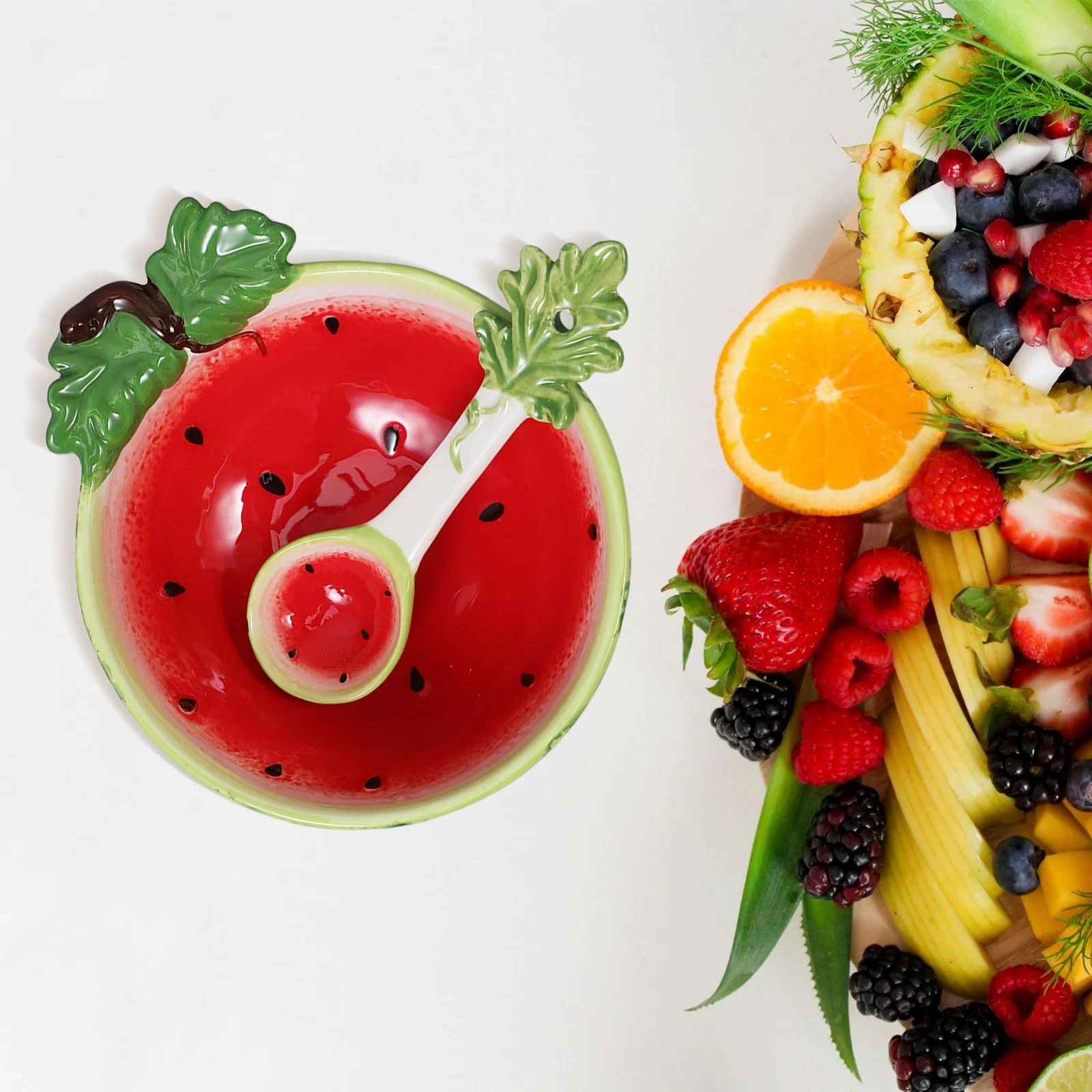 

Ceramic Watermelon Bowl Spoon Set Cute Dessert Snacks Fruit Salad Candy Nut Plates Food Container Ceramic Bowl with Spoon