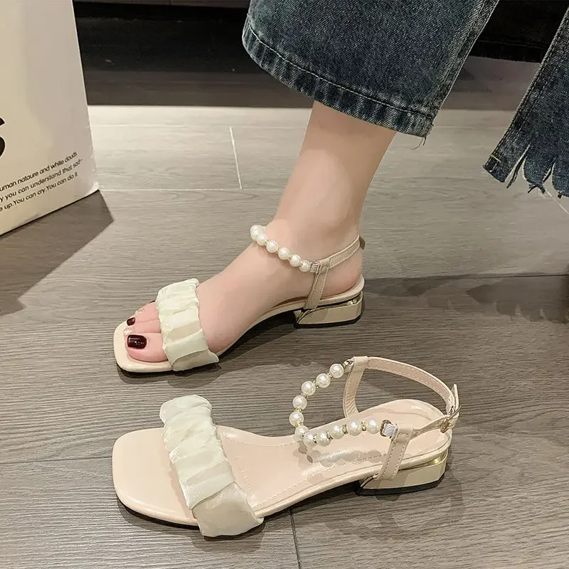 Footwear One Word with Low Heels Block Heel White Sandals for Woman Summer 2024 Pearl Roman Style Medium Buckles Women\'s Shoes F