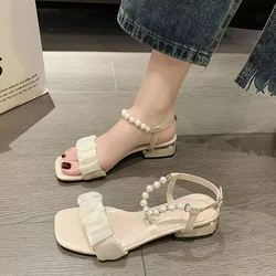 Footwear One Word with Low Heels Block Heel White Sandals for Woman Summer 2024 Pearl Roman Style Medium Buckles Women's Shoes F