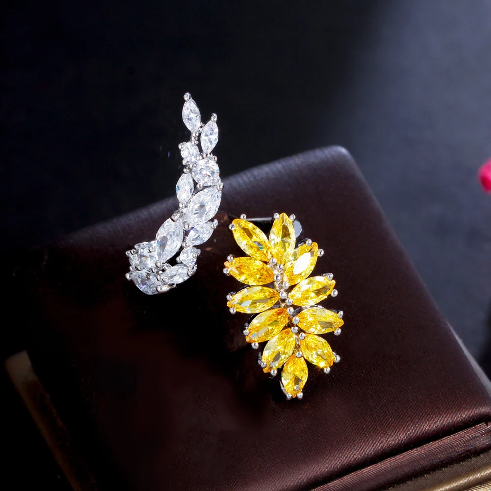 BeaQueen Trendy Yellow White Leaf Feather Shape CZ Crystal Anniversary Jewelry Wrap Open Finger Rings for Women Party Gifts R130