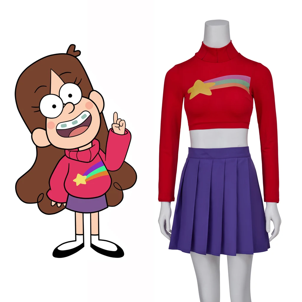Disfraz de Anime Mabel Pines para mujer, conjunto completo de falda de estrella de arcoíris, Tops cortos de diario, faldas, traje de Halloween, talla grande