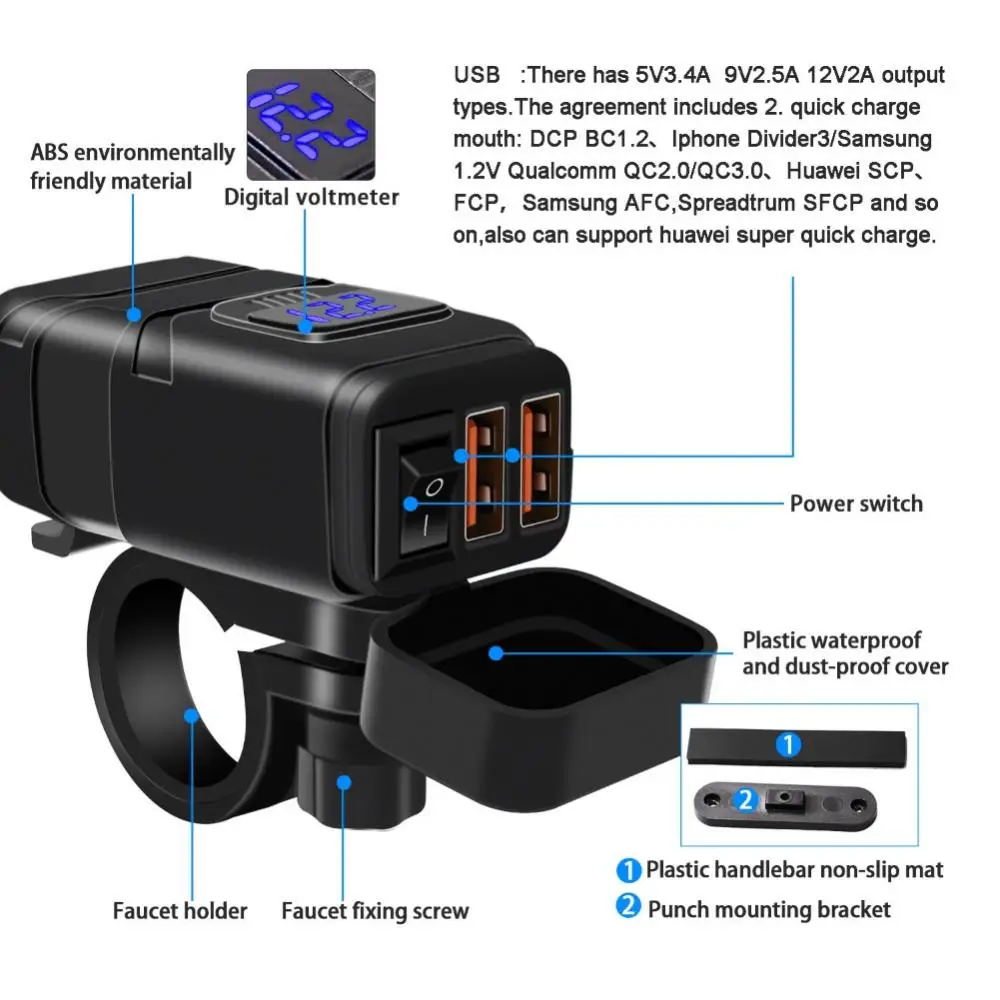 Chargeur USB QC3.0 pour moto, charge rapide, adaptateur secteur avec voltmètre, pour touristes