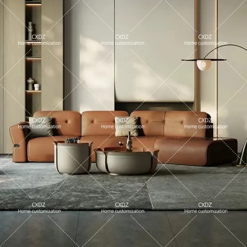 Italian Light Luxury Leather Sofa Curved Design for Villa Large Flat Living Room Fully Equipped Creative Home Furniture