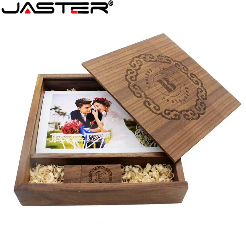 JASTER 1 PCS 무료 로고 펜 드라이브 사진 독특한 앨범 메모리 스틱 호두 나무 USB 상자 Pendrive 플래시 8GB 16GB 32GB 64GB