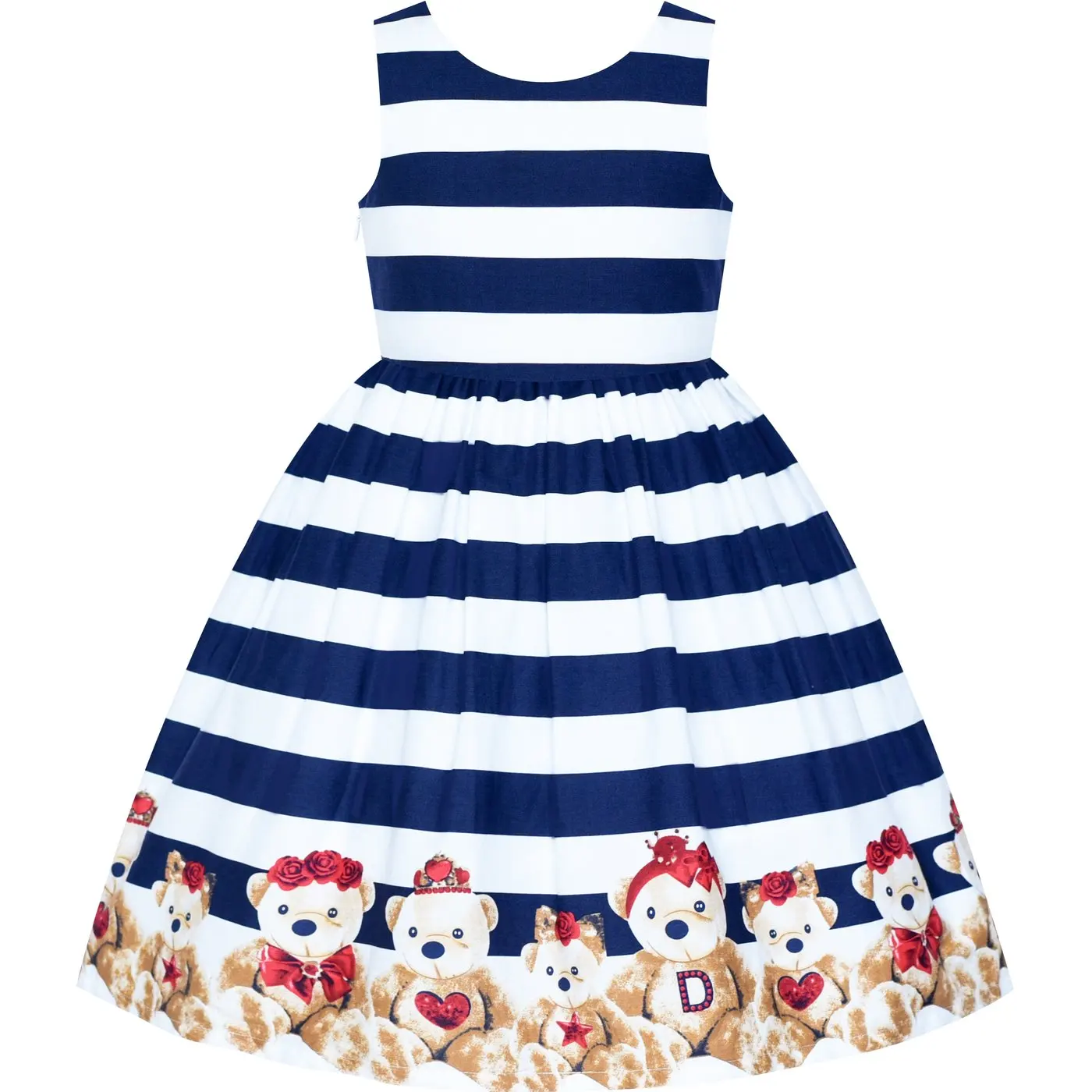 Girls Dress Cotton Casual Navy Blue Striped Bear V Back Holiday Party