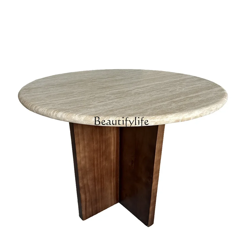 

ls 27Living room household cream wind coffee table Yunfu custom marble edge table bedside table wabi sandy wind natural traverti