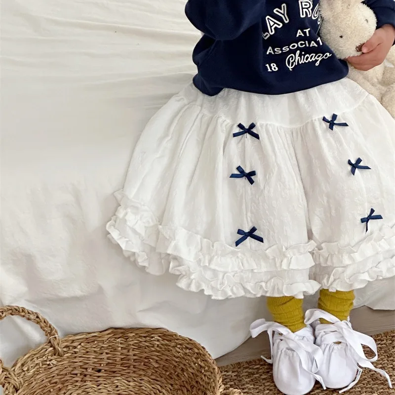 

Skirts Spring New Children Korean 2024 Half Length Skirt Girls Bow Knot Solid Color Flower Edge Simple Soild Sweet