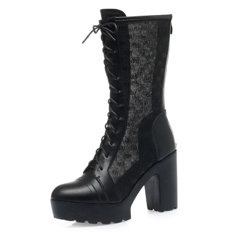 

Summer Women's Mid Calf Boots Retro Lace Platform High Heeled Boots For Woman Exquisite Casual Shoes Designer Shoes Botas Mujer