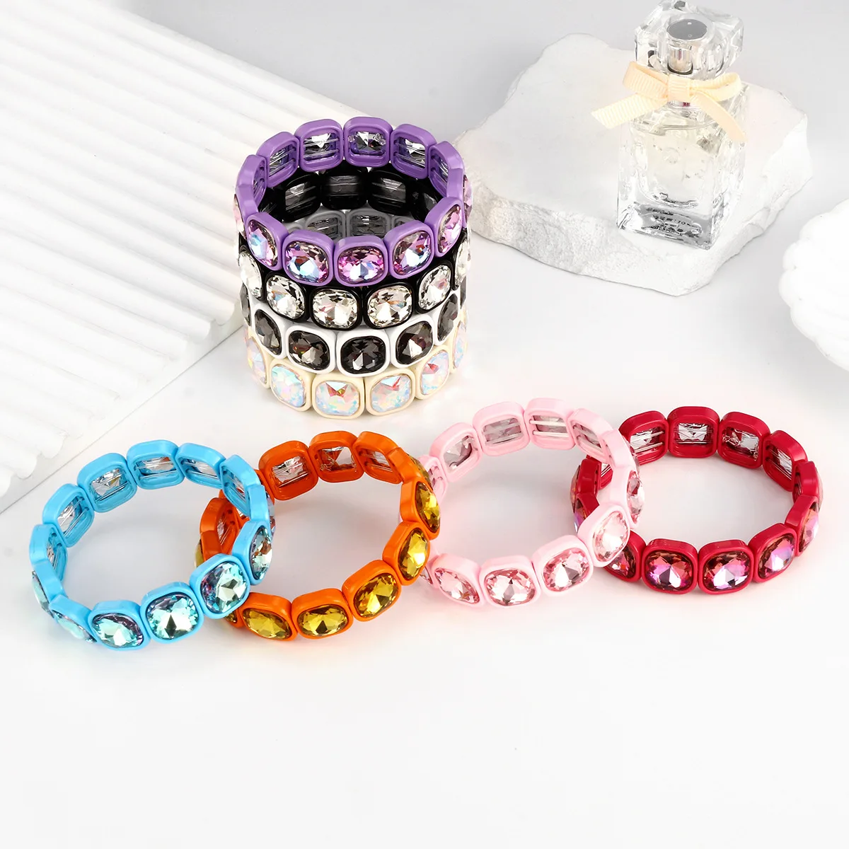 

Bohemian Enamel Bracelet Fashion Light Luxury Square High Quality Crystal Zircon Elastic Beaded Bracelet For Woman Jewelry