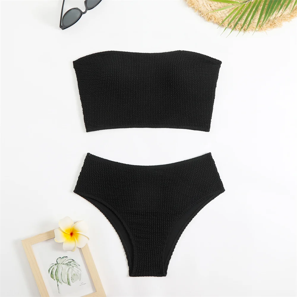 High Waist Bikini Strapless Bandeau Swimsuit Ribbing Vacation Swimwear Solid Bathing Suit Women Beach Outfit Traje De Bano Mujer