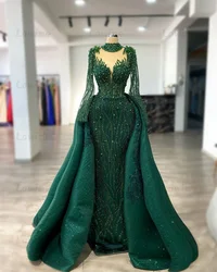 Dubai Full Sleeve Evening Dress Green Beaded With Detachable Train Formal Mermaid Prom Dresses 2024 Arabic Engagement Party Gown