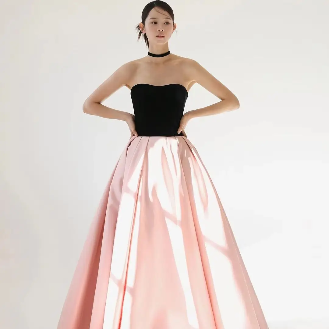 

MD Pink And Black A-line Wedding Dress Off Shoulder Evening Dress Korea Photoshoot Floor Length Reception Dress Customized 2025