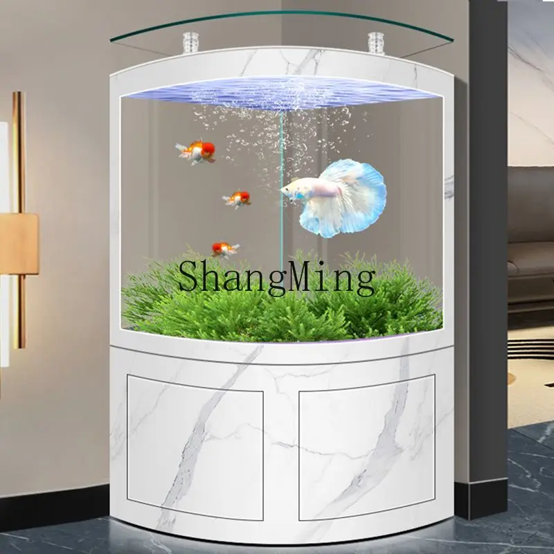 SM corner fish tank living room against the wall triangular curved hot bent bottom over glass fan-shaped aquarium