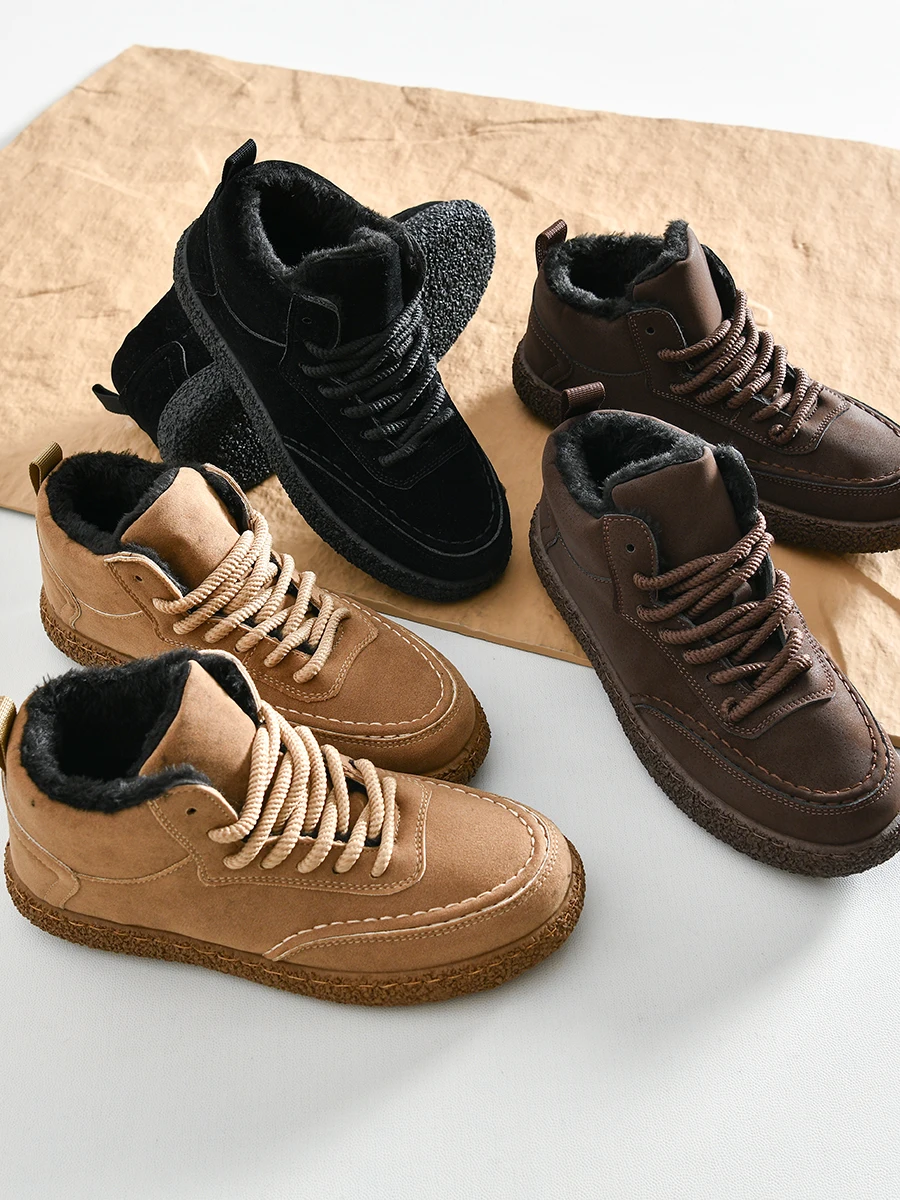 

Extra Warm Woolen Thick Lined Casual Snow Boots Men's Autumn Winter Wear Resistant Flat Heel Short Tube Mixed Material Boots