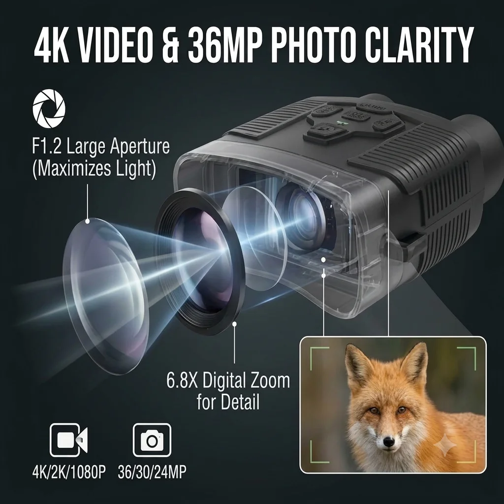 NVI-800 4K Starlight Color Night Vision Binoculars, Digital Infrared Night Vision Goggles for Adults, 6.8X Digital Zoom, 3.0