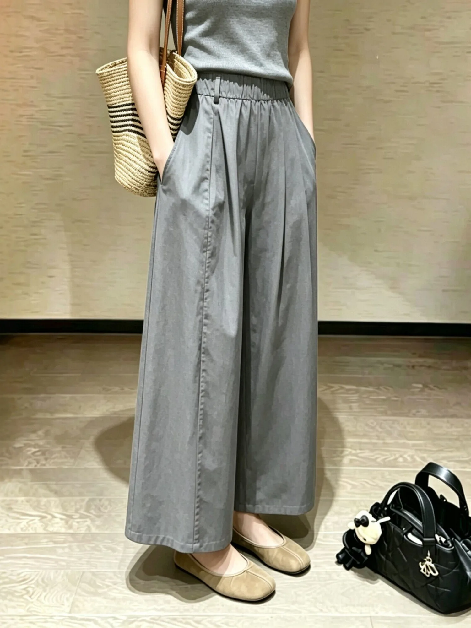 Gray Fashionable Quick Dry Casual Pants Paper Thin Summer High Waist Straight Leg Loose Fit Ladies' Elegant Pear Shape Nine P...