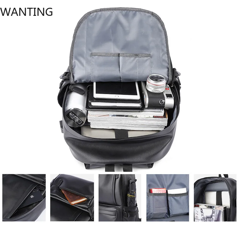 حقيبة ظهر جلدية للرجال على الموضة لعام 2025 مقاومة للماء مقاس 14 بوصة حقائب ظهر للكمبيوتر المحمول مع USB للمراهقين والسفر والرياضة للرجال Mochila