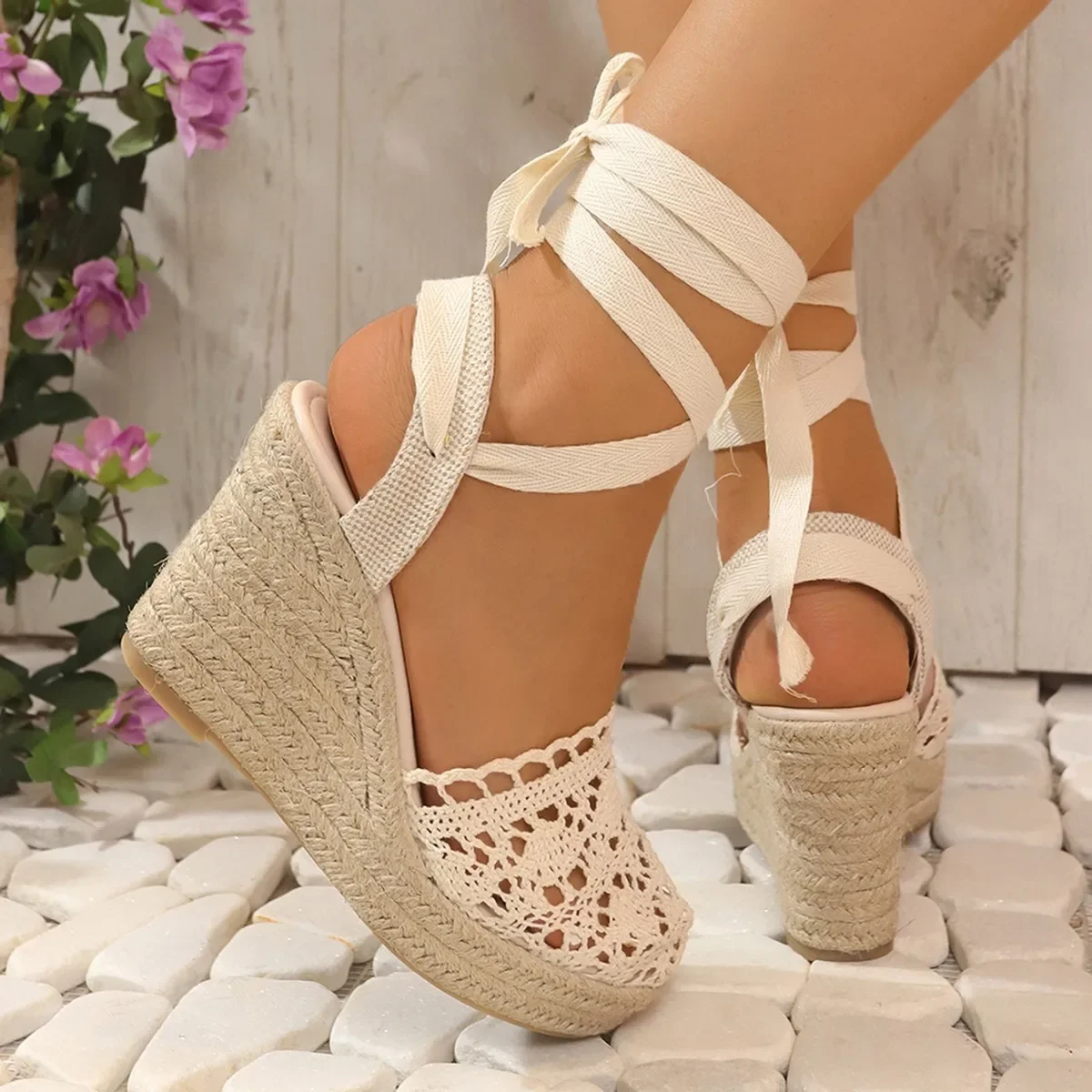 Grass Woven Slope Heel High Heel Lace Sandals Ankle Strap 2024 New Simple and Fashionable Linen Woven Cross Strap