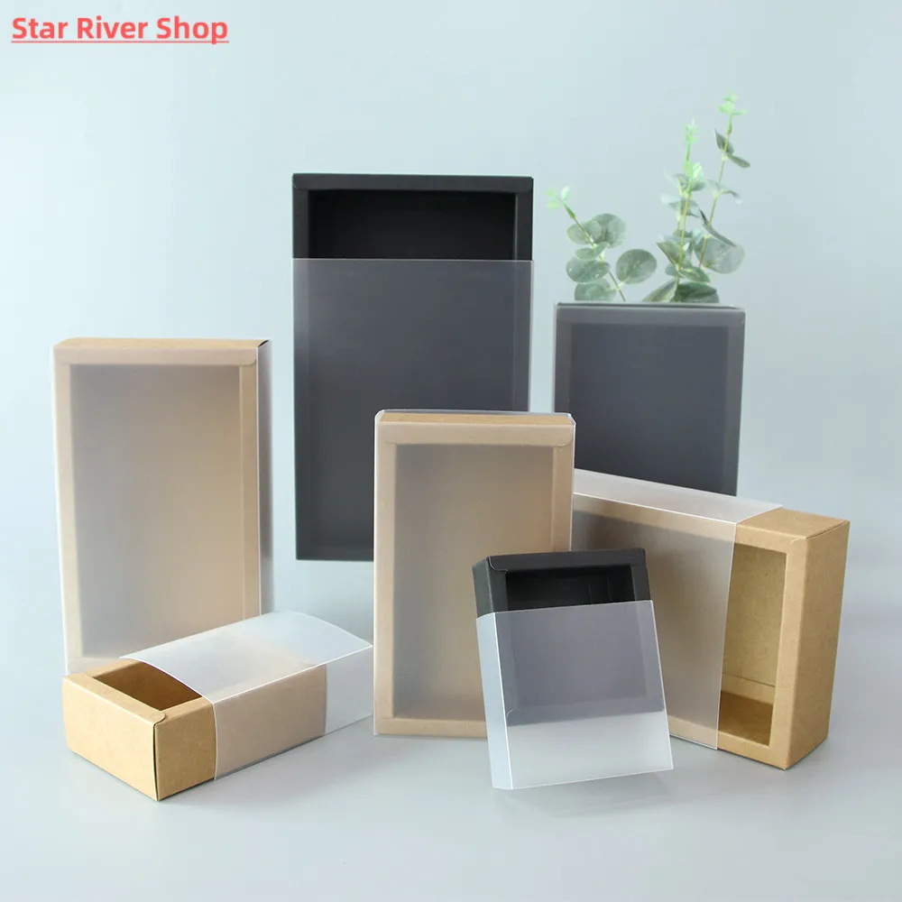 

Kraft Paper Gift Box with PVC Transparent Window Black Packaging Storage Display Case for Business And Cultural Supplies