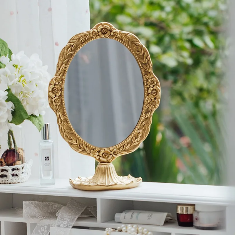 French Carved Mirror Makeup Mirror Desktop Without Lamp Bedroom Dresser Light Luxury Retro Decoración Hogar Adornos Para Casa