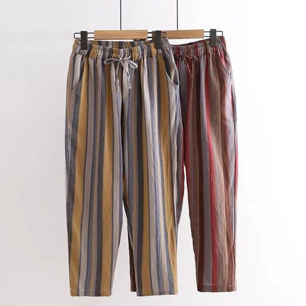 Cotton Linen Blend Trousers Stylish Vertical Stripe Pants Women's Striped Linen Wide Leg Pants Summer Casual Trousers 80%