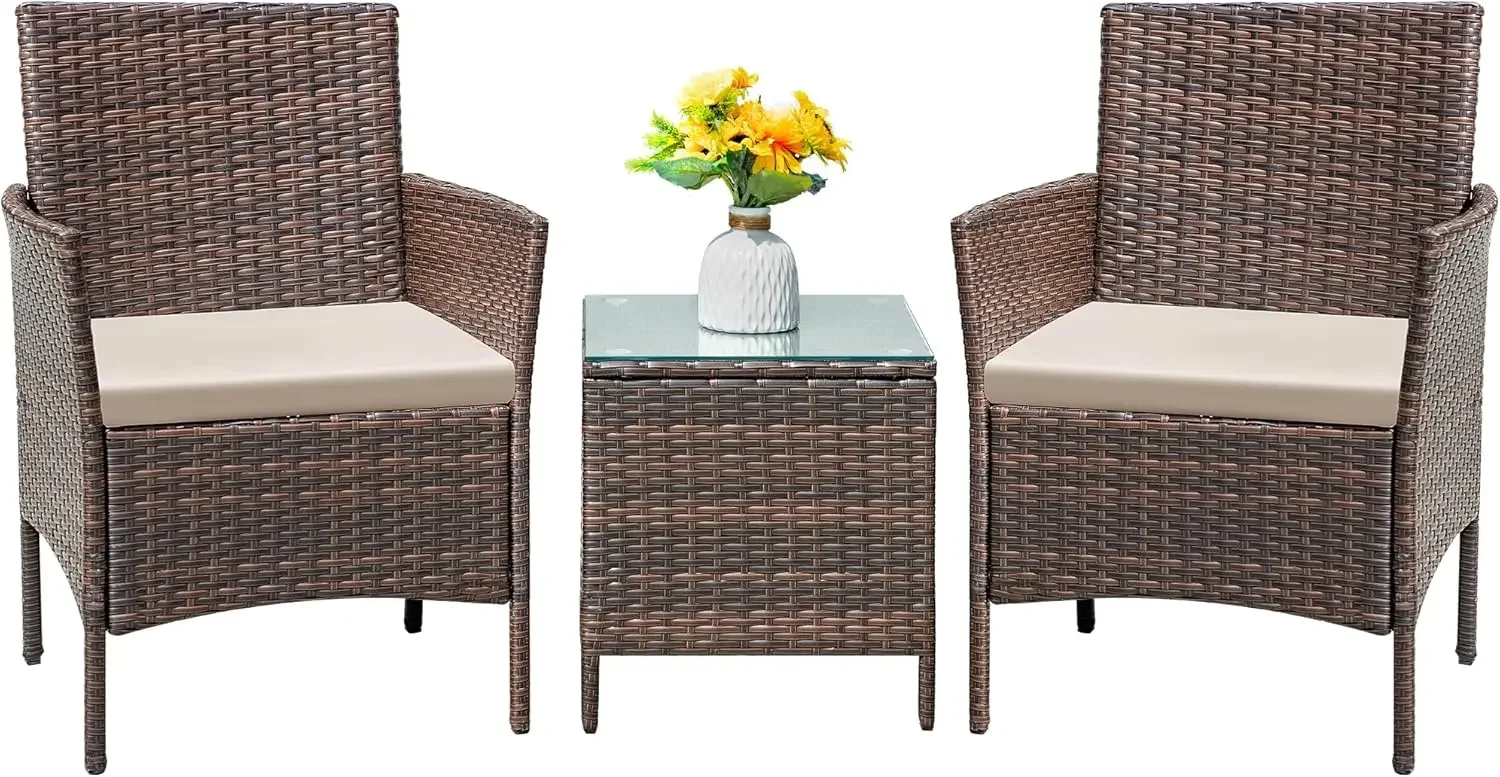 

All-Weather Rattan Outdoor Furniture Patio Chairs with Tempered Glass Table for Porch Bistro Balcony (Brown/Cream)