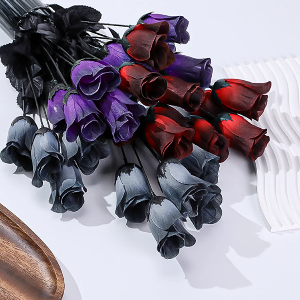 Gothic Black Silk Rose Artificial Flowers Bride Wedding Hand Holding Bouquet for Party Wedding Home Garden DIY Halloween Decor