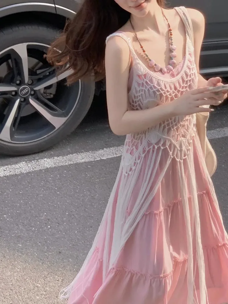 Sweet Summer Dress Suit Women Design Tassel Cover Ups Blouses Long Dresses Two-piece Sets Slim Beach Vacation Outfit Y2k Vestido