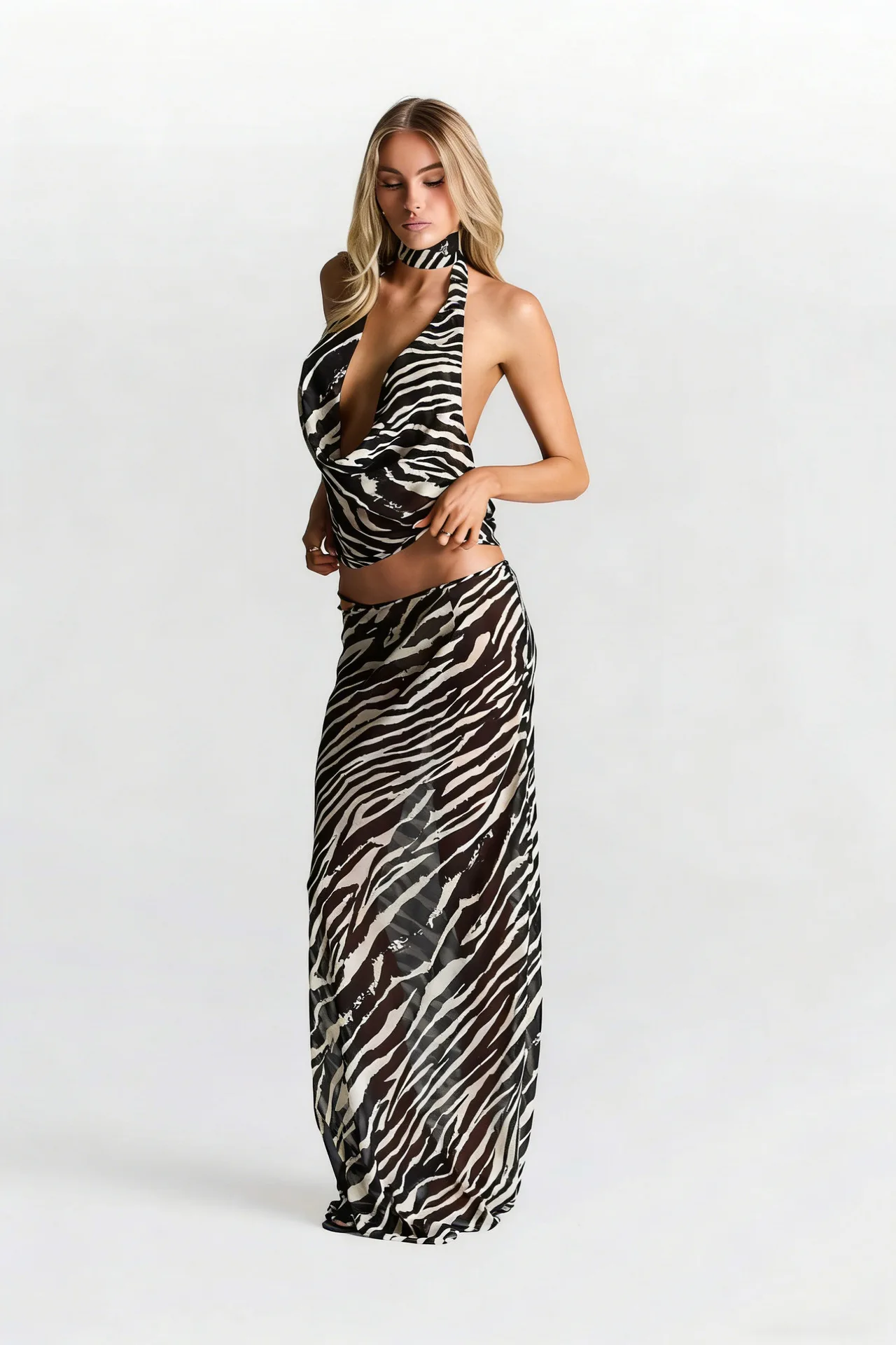 STYLISH LADY Zebra Print 2 Piece Outfit 2026 Halter Cowl Neck Sleeveless Crop Top and Maxi Skirt Set For Women Sexy Club Party