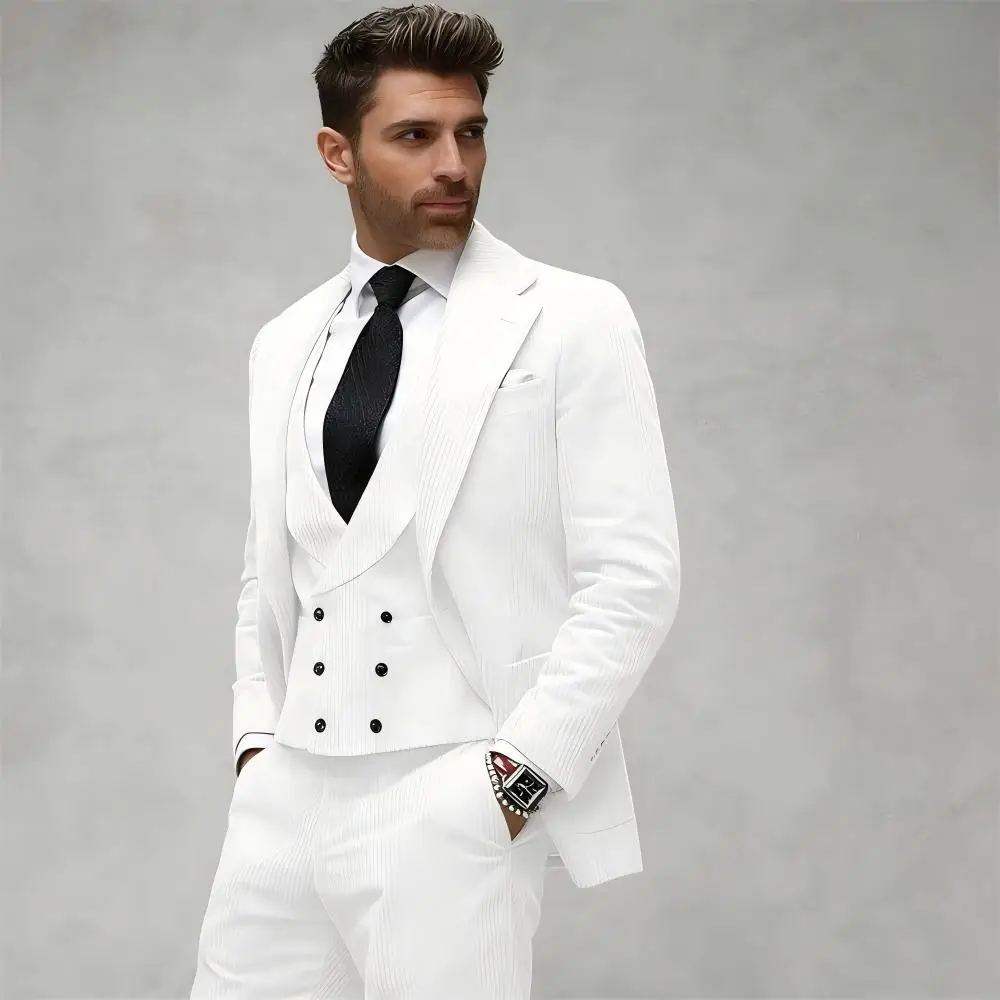 

White Corduroy Man Suit Vintage Men's Suits 3-Pieces Set Luxury Men Jacket Vest Pants Male Blazer Sets Clothes Clothing Costume