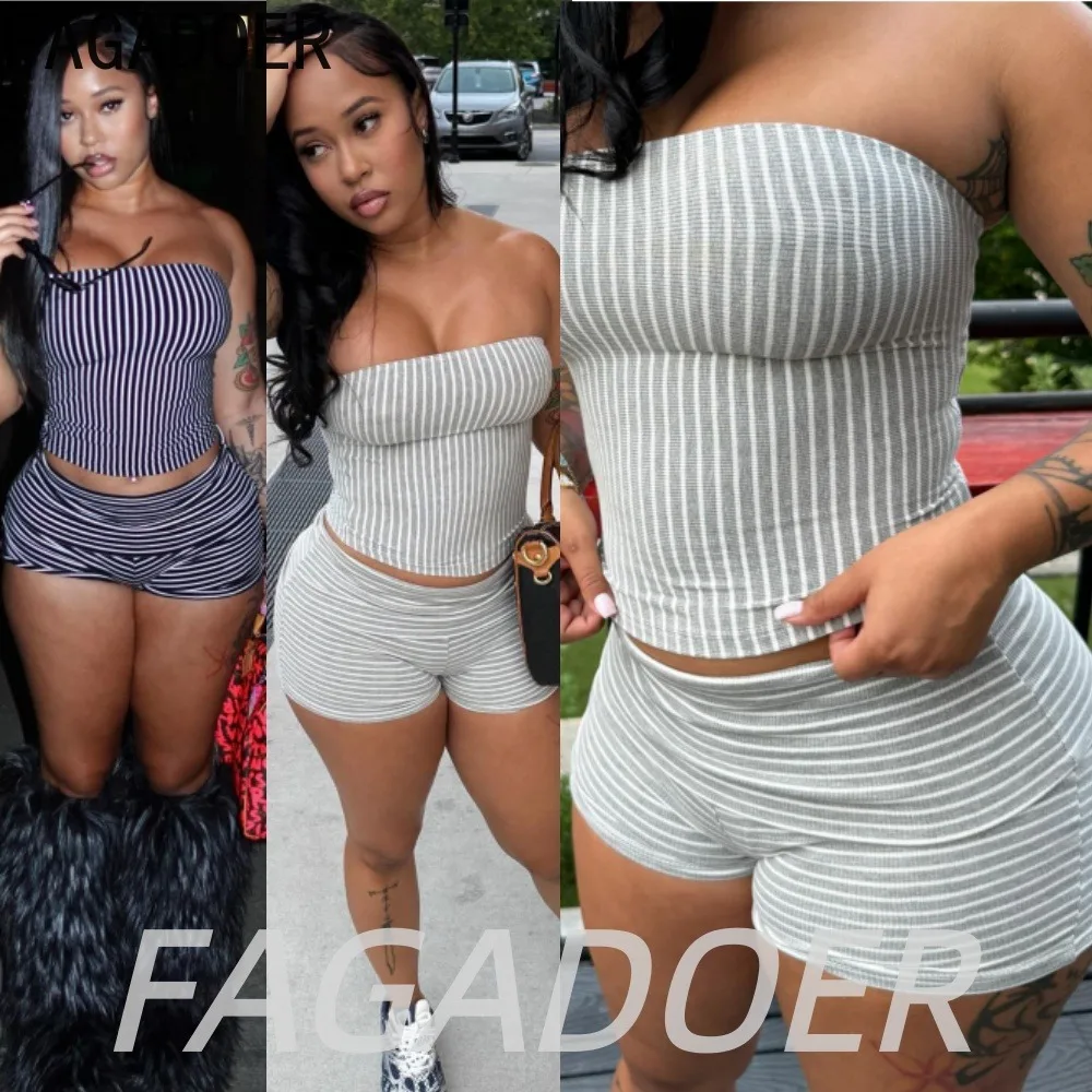 FAGADOER Fashion Striped Pattern Shorts 2 Pcs Sets Women Off Shoulder Crop Top + Rolled Bodycon Shorts Outfits Streetwear Suits