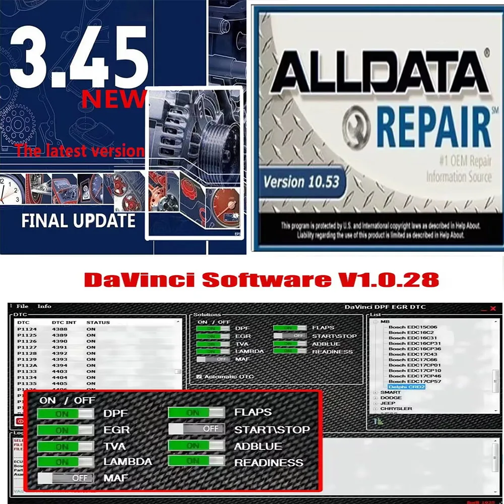 Car repair software Alldata 10.53+Autodata 3.45+Davinci 1.0.28 diagnostics, activate infinite usage