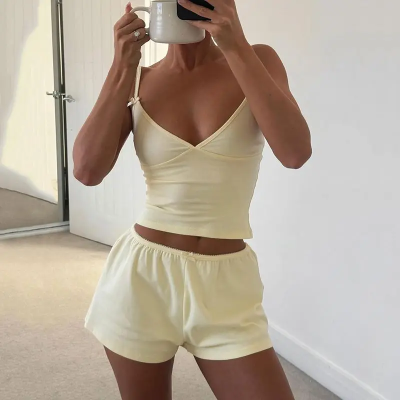 

Pure Desire Wind Bow Strap Tank Top Shorts Set for Women's Home Leisure Hot Girl Two Piece Set