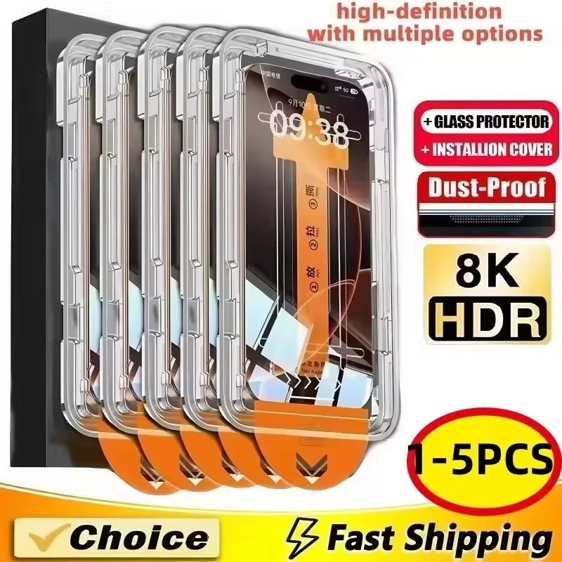 1–5 Stück ölabweisende Beschichtung, staubfreie Installation, Displayschutzfolien für iPhone 17 16 Pro Max 14 Plus 11 13 12 15 Mini XS XR Glas