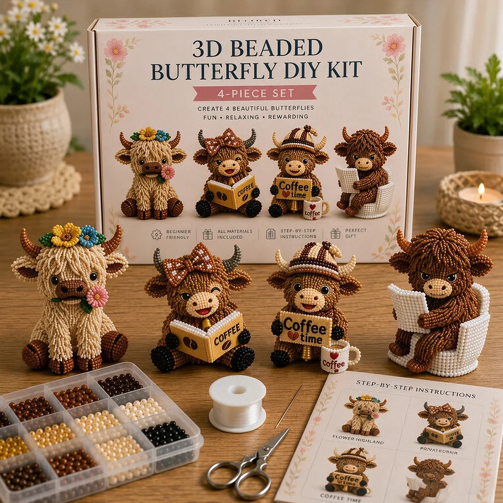 3D Beaded Highland Cow 4-Pack DIY Handmade Kit All Beads Scissors Thread Tutorial For Craft Lovers