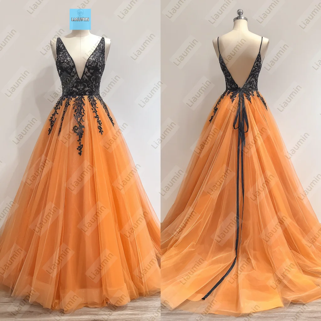 

Orange Tulle Black Lace Applique Spaghetti straps V Neck Prom Wedding Formal Dress For Evening Lace Up Back Customized A7-1.12