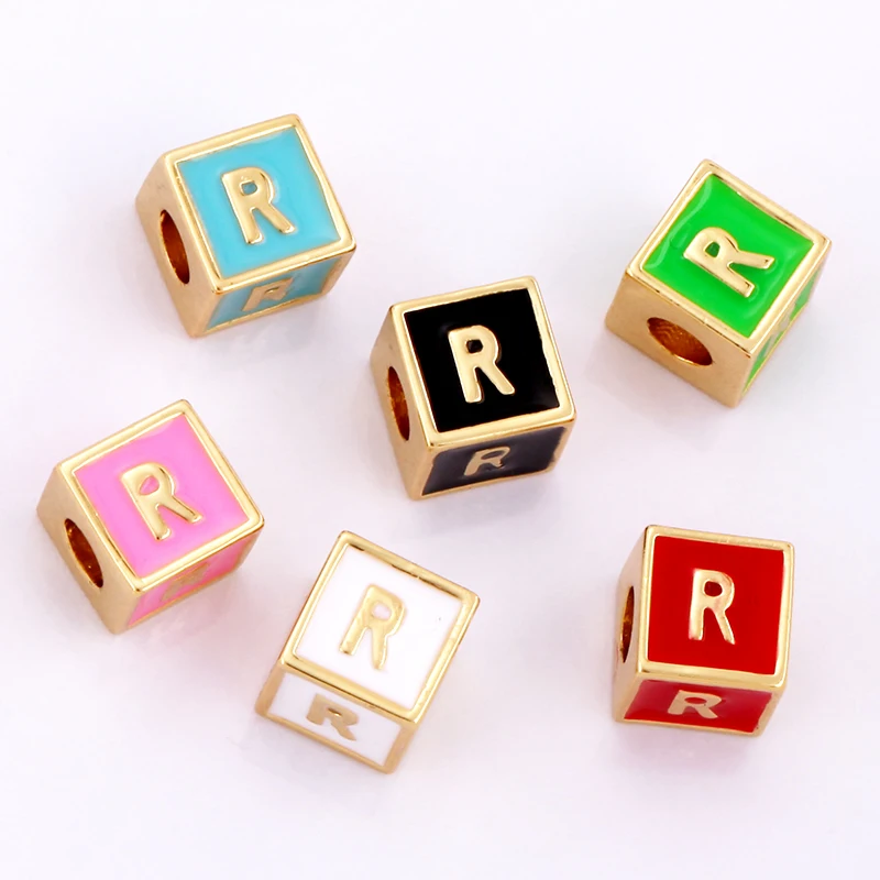 Square Cube Fashion Colorful Enamel Oil Dropped Initial Letter Name A-Z Beads,18K Gold Plated,Jewelry Necklace Findings P15