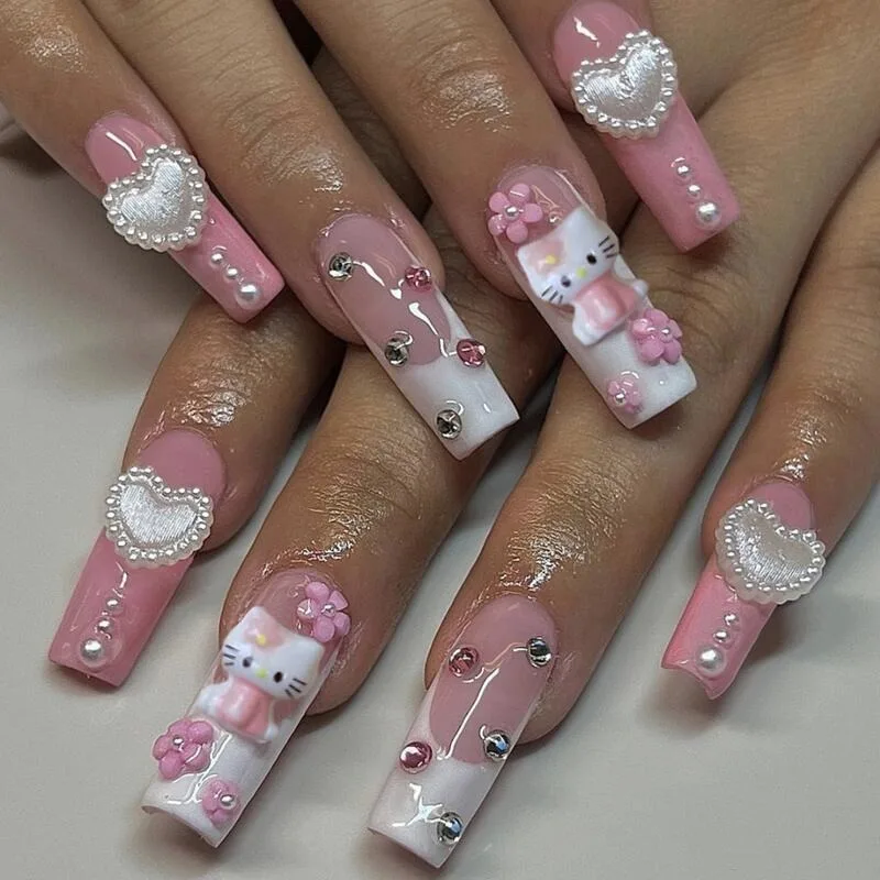 Sanrio Hello Kitty False Nails Cartoon Anime Cute KT Cat Love Flower Press on Nail Fashion Ornaments Girl&Child Holiday Gifts