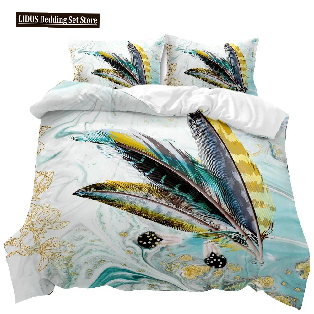 

Feather Duvet Cover Set Green Dreamy Watercolor Elements Plumage Romantic Design Double Queen King Size Polyester Qulit Cover