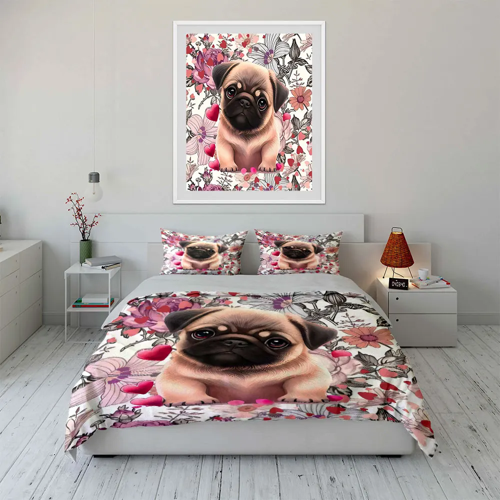 Cartoon puppy with flowers and hearts Pattern Duvet Cover Set Digital Print Colorful Polyester Bedding with Zipper Closur gifts